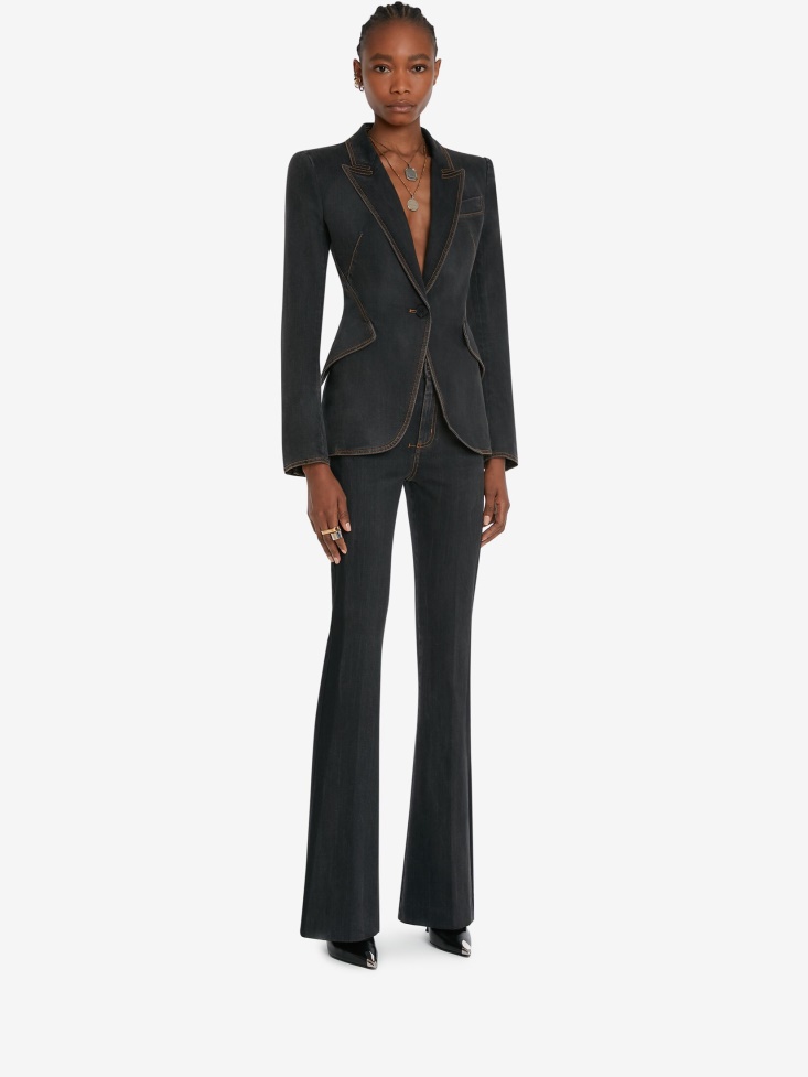 Women's Stretch Bootcut Denim Trousers Fashion Alexander McQueen Stone Washed Black