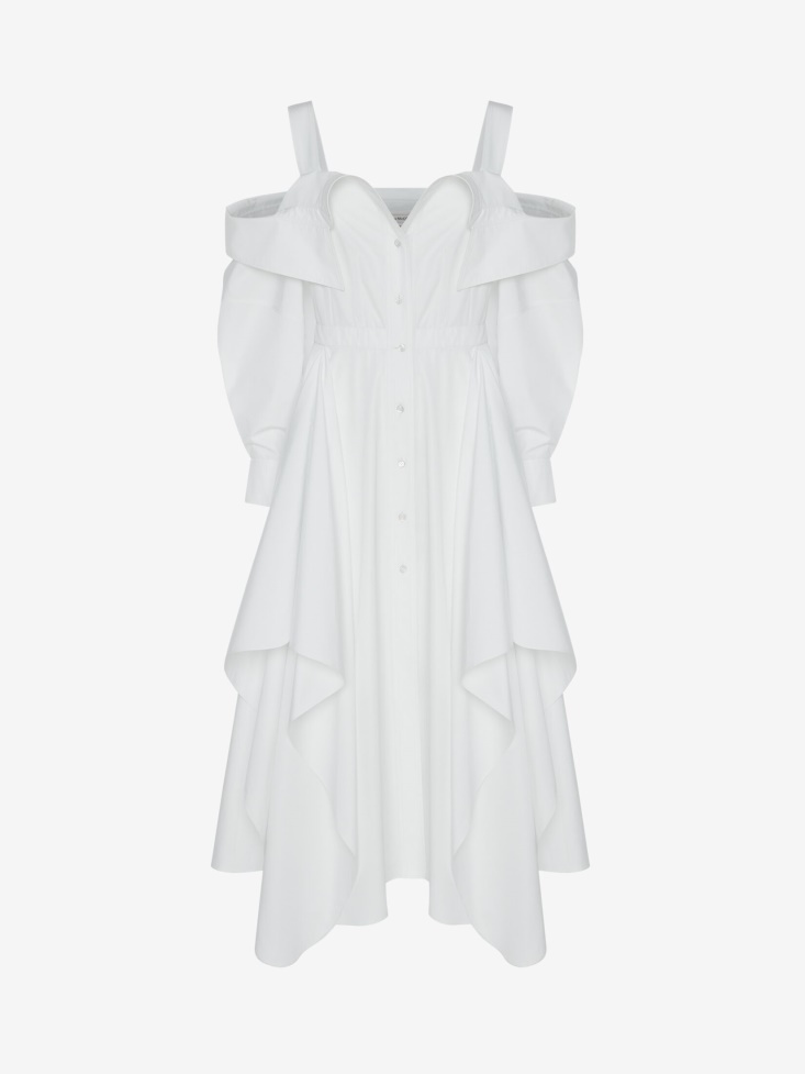 Fashion Alexander McQueen Women's Cotton Poplin Deconstructed Shirt Dress Optical White