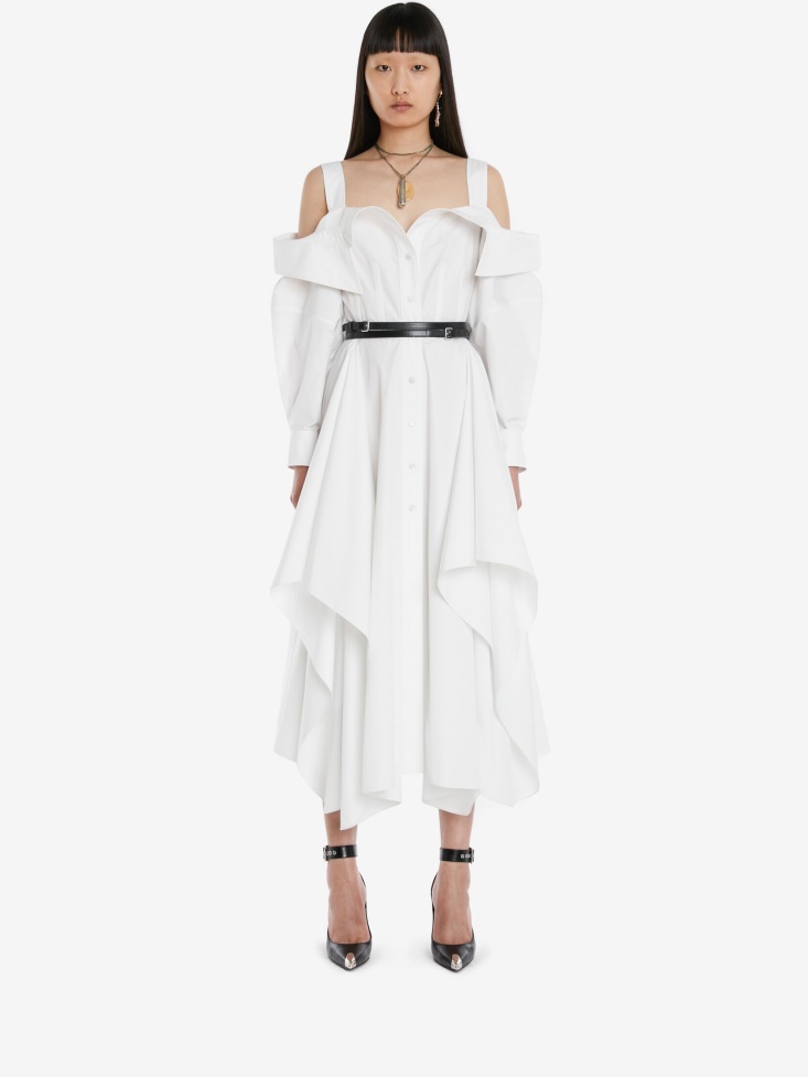 Fashion Alexander McQueen Women's Cotton Poplin Deconstructed Shirt Dress Optical White