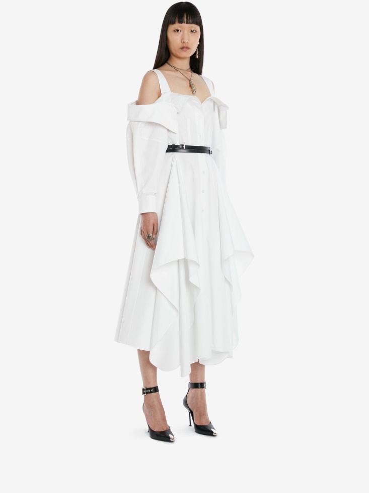 Fashion Alexander McQueen Women's Cotton Poplin Deconstructed Shirt Dress Optical White