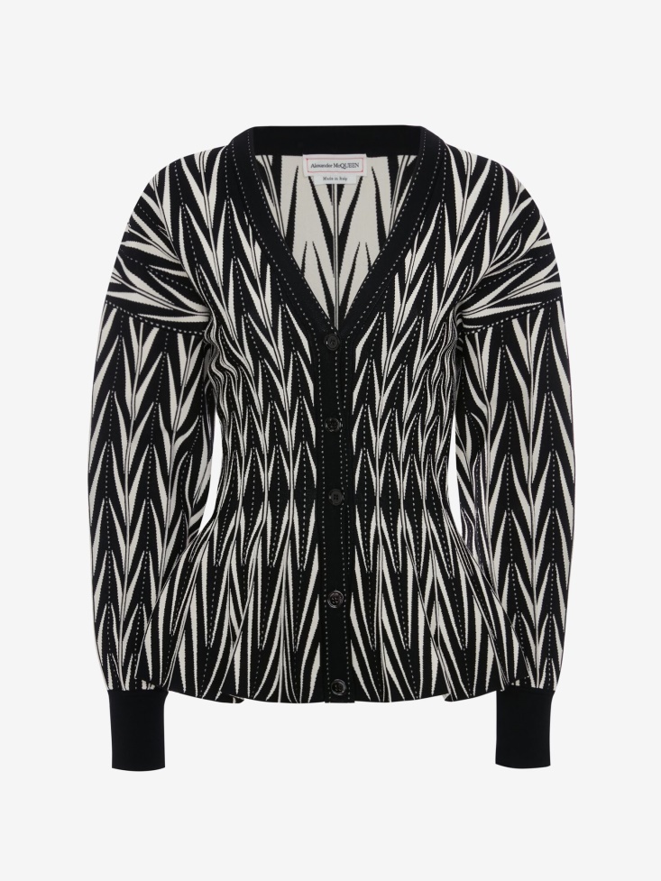 Black/Bone Women's Engineered Jacquard Chevron Peplum Cardigan Fashion Alexander McQueen