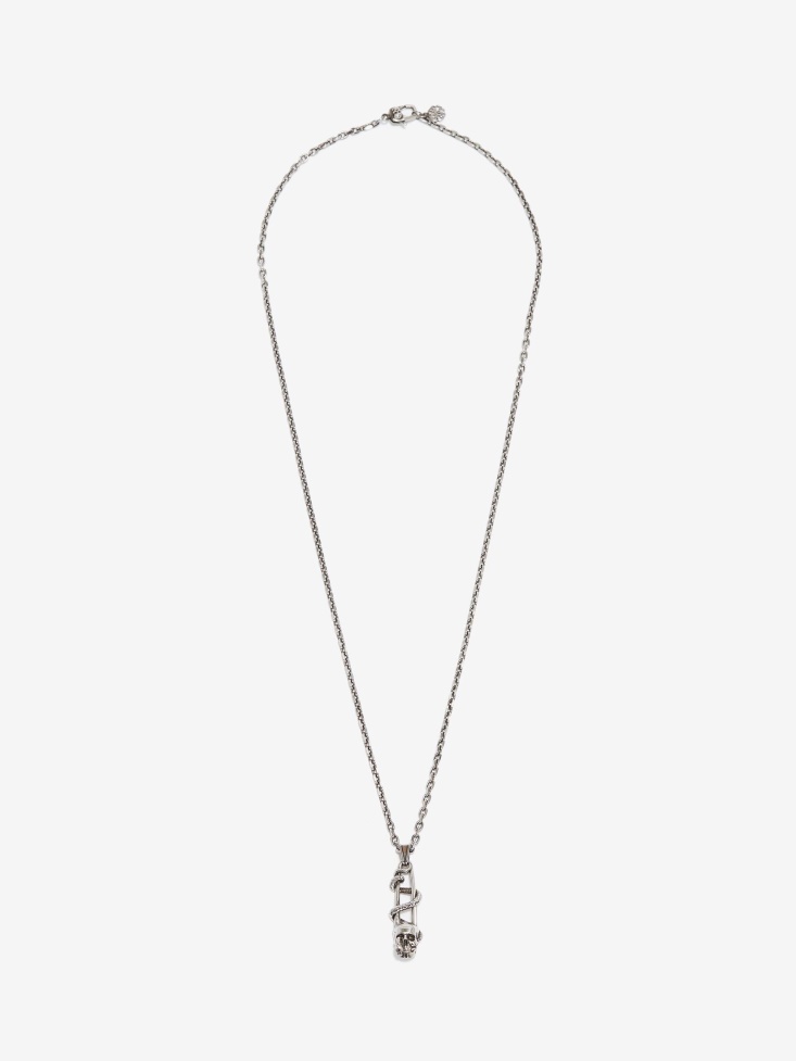 Antique Silver Men's Skull Safety Pin Necklace Fashion Alexander McQueen