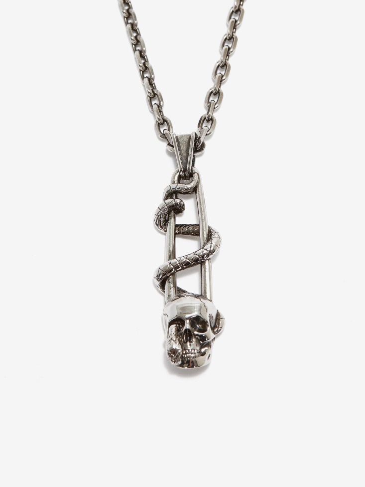 Antique Silver Men's Skull Safety Pin Necklace Fashion Alexander McQueen