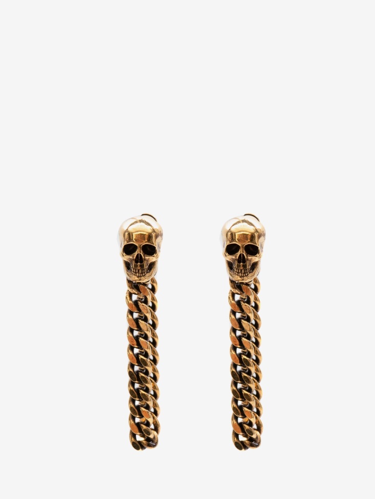 Fashion Alexander McQueen Antique Gold Women's Skull Charm Chain Earrings