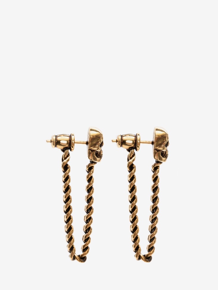 Fashion Alexander McQueen Antique Gold Women's Skull Charm Chain Earrings