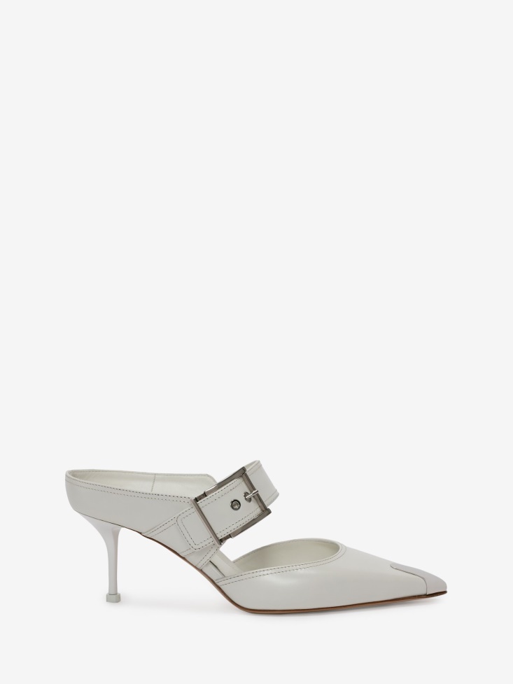 Fashion Alexander McQueen Punk Buckle Mule Ivory/Silver
