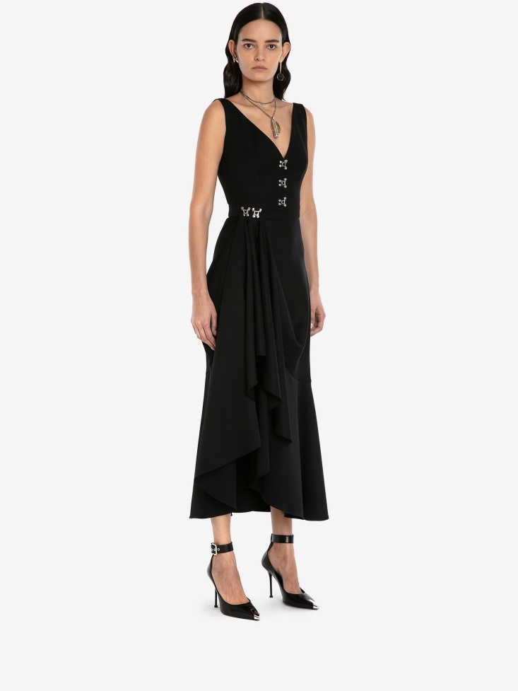 Women's Barathea Asymmetric Drape Dress Fashion Alexander McQueen Black