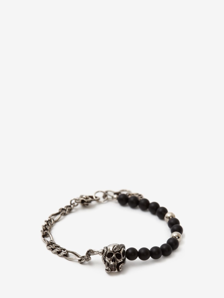 Fashion Alexander McQueen Men's Beads And Skull Bracelet Antique Silver
