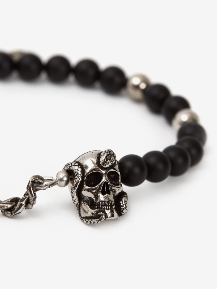 Fashion Alexander McQueen Men's Beads And Skull Bracelet Antique Silver