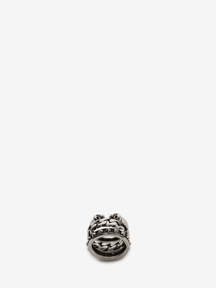 Antique Silver Men's Punk Stud Double Ring Fashion Alexander McQueen