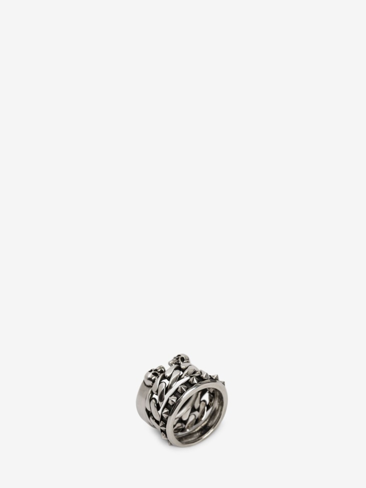 Antique Silver Men's Punk Stud Double Ring Fashion Alexander McQueen