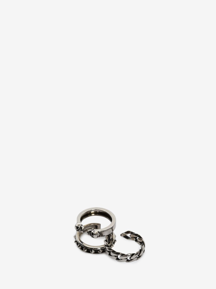 Antique Silver Men's Punk Stud Double Ring Fashion Alexander McQueen