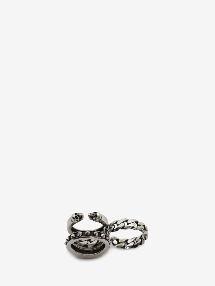 Antique Silver Men's Punk Stud Double Ring Fashion Alexander McQueen