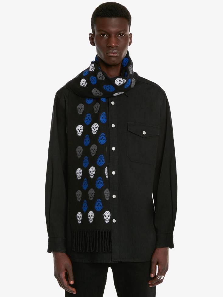 Black/Blue Fashion Alexander McQueen Men's Reversible Skull Scarf