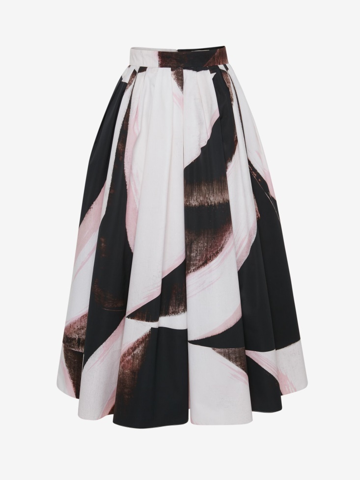 Black/Ivory Women's Graphic Brushstroke Gathered Midi Skirt Fashion Alexander McQueen